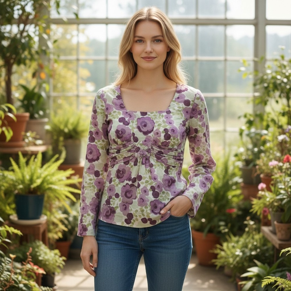 Ann Taylor Loft Purple Floral Square Neck Empire Waist Cotton Blouse Size 6